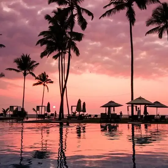Piscina de un resort frente al mar al atardecer, entre palmeras, en Sri Lanka