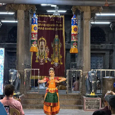 Bailarina de Bharatanatyam con traje naranja y verde actúa entre las columnas de un templo en Tamil Nadu