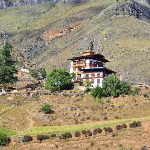 Monasterio-fortaleza (dzong) butanés entre montañas y campos de cultivo en terrazas