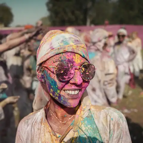 Viajera con gafas de sol y el rostro cubierto de polvo de colores sonríe durante el Holi