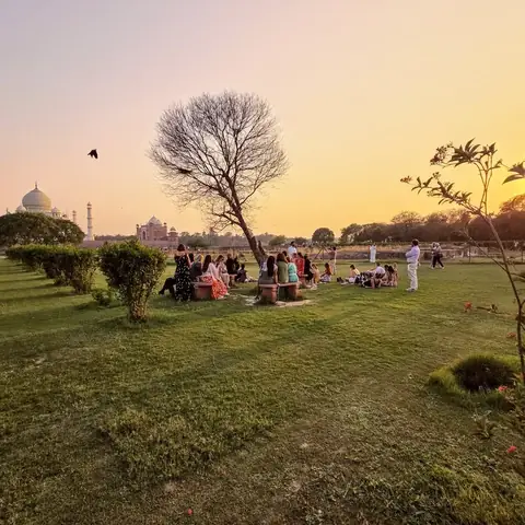 Grupo de viajeros sentados en los jardines de Mehtab Bagh viendo el atardecer sobre el Taj Mahal