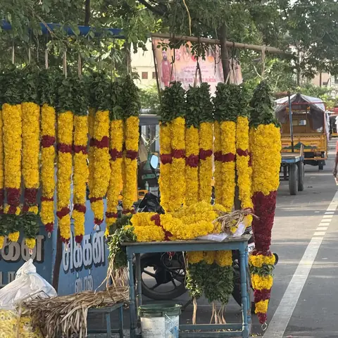 Guirnaldas de caléndula colgando en un puesto de mercado en el sur de la India
