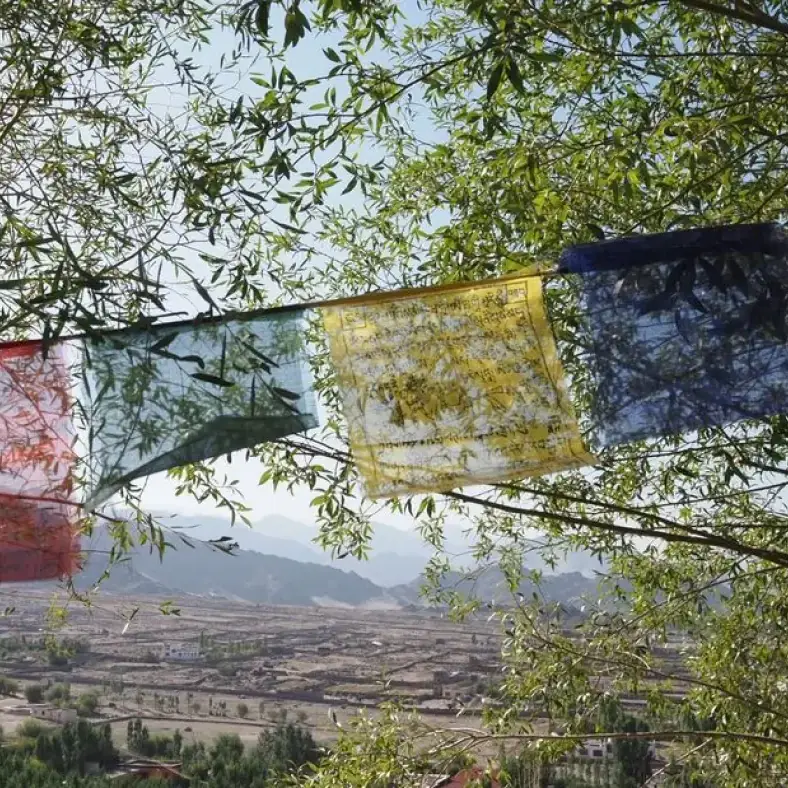 Banderas de oración tibetanas ondean sobre los tejados de Leh, Ladakh