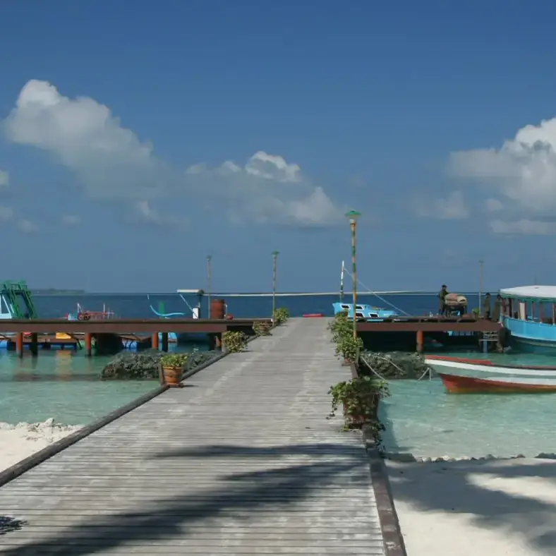 Embarcadero y dhonis de madera en una isla habitada de las Maldivas